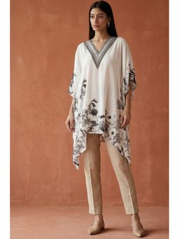 First Resort by Ramola Bachchan - White Embellished Floral Kaftan Top