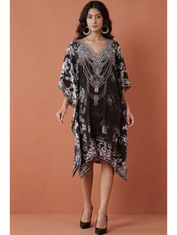 First Resort by Ramola Bachchan - Black And White Floral Print Silk Kaftan Tunic