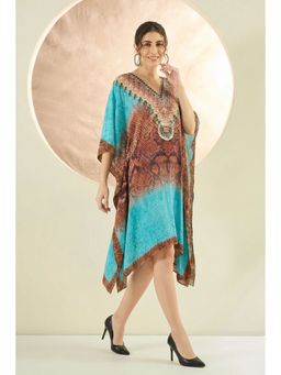 First Resort by Ramola Bachchan - Blue And Brown Python Print Silk Kaftan Tunic