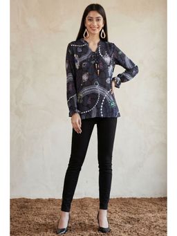 First Resort by Ramola Bachchan - Blue Jewel Print Lace-up Top