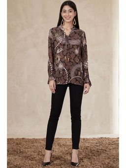 First Resort by Ramola Bachchan - Brown Jewel Print Lace-up Top
