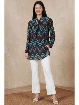 First Resort by Ramola Bachchan - Blue And Green Chevron Tie-neck Top