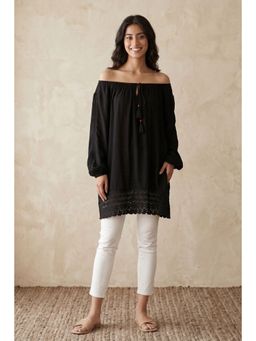 First Resort by Ramola Bachchan - Black Lace Peasant Top