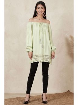 First Resort by Ramola Bachchan - Mint Green Lace Peasant Top