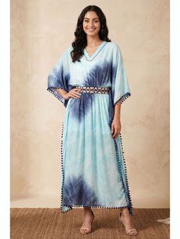 First Resort by Ramola Bachchan - Blue Tie-dye Full Length Kaftan With Lace