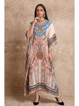 First Resort by Ramola Bachchan - Beige Zebra Print Embellished Silk Full Length Kaftan