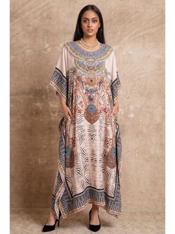 First Resort by Ramola Bachchan - Grey Zebra Print Embellished Silk Full Length Kaftan