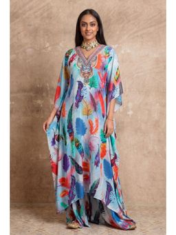 First Resort by Ramola Bachchan - Multi-color Feather Print Embellished Silk Full Length Kaftan
