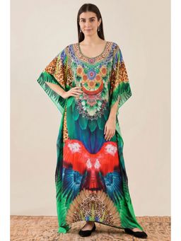 First Resort by Ramola Bachchan - Green And Blue Tribal Embellished Silk Full Length Kaftan