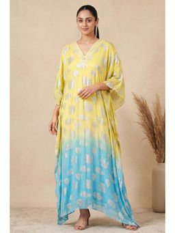 First Resort by Ramola Bachchan - Yellow And Blue Ombre Full Length Kaftan