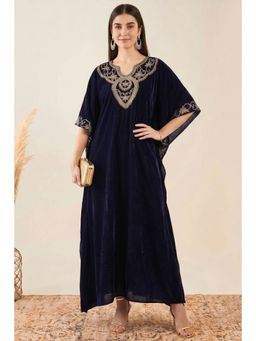 First Resort by Ramola Bachchan - Navy Blue Gold Embroidered Silk Velvet Full Length Kaftan