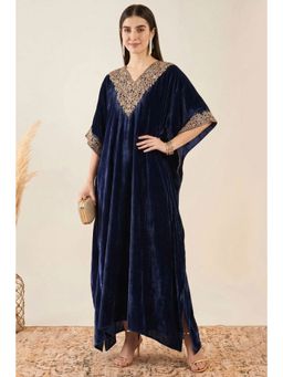 First Resort by Ramola Bachchan - Blue Embroidered Silk Velvet Full Length Kaftan