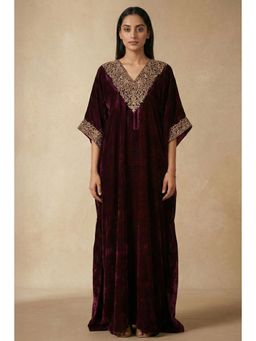 First Resort by Ramola Bachchan - Maroon Embroidered Silk Velvet Full Length Kaftan