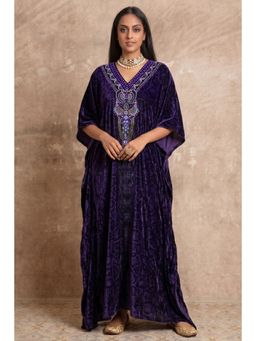 First Resort by Ramola Bachchan - Purple Crystal Embellished Silk Velvet Full Length Kaftan