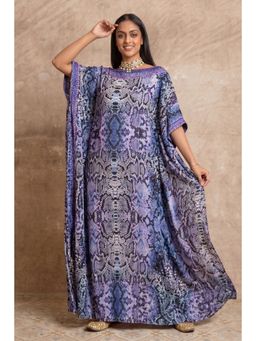 First Resort by Ramola Bachchan - Blue Animal Print Embroidered Full Length Kaftan