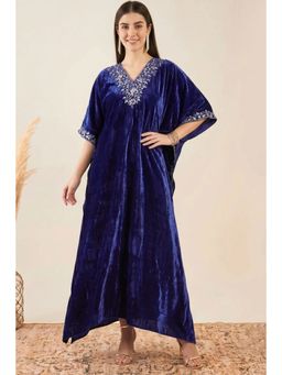 First Resort by Ramola Bachchan - Navy Blue Hand Embroidered Silk Velvet Full Length Kaftan