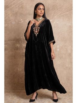 First Resort by Ramola Bachchan - Black Gold Embroidered Silk Velvet Full Length Kaftan