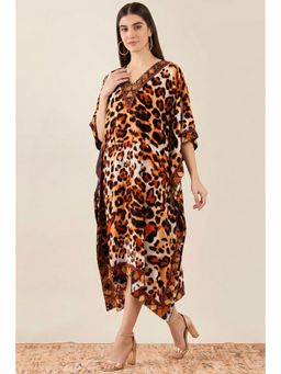 First Resort by Ramola Bachchan - Brown Animal Print Silk Velvet Mid Length Kaftan