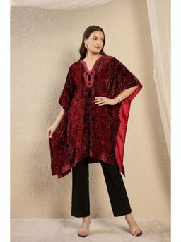 First Resort by Ramola Bachchan - Maroon Hand Embroidered Animal Print Silk Velvet Kaftan Tunic