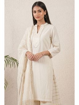 First Resort by Ramola Bachchan - Ivory Nehru Collar Long Kurta