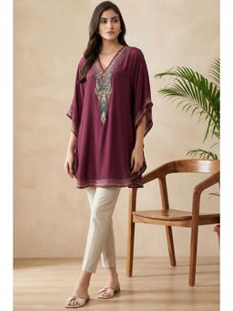 First Resort by Ramola Bachchan - Maroon Silk Embellished Tunic