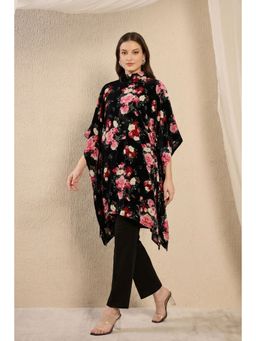 First Resort by Ramola Bachchan - Black And Red Floral Crystal Studded Silk Velvet Tunic