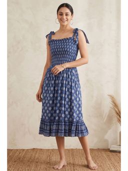 First Resort by Ramola Bachchan - Blue Midi Smocked Sundress