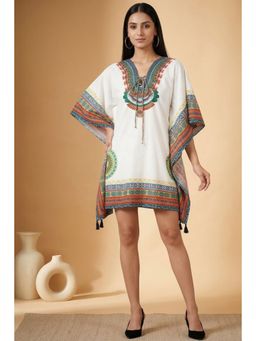 First Resort by Ramola Bachchan - White And Green Tribal Kaftan Top