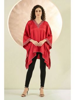 First Resort by Ramola Bachchan - Red Embellished Kaftan Top