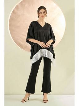 First Resort by Ramola Bachchan - Black Kaftan Top With White Fringe