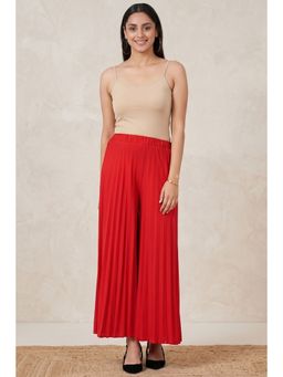 First Resort by Ramola Bachchan - Red Wide Leg Pleated Palazzo