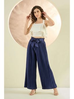 First Resort by Ramola Bachchan - Navy Blue Pleated Palazzo