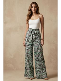 First Resort by Ramola Bachchan - Green Animal Print Knife Pleated Palazzo