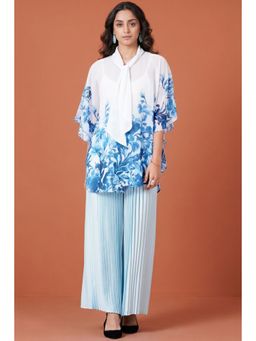 First Resort by Ramola Bachchan - Blue Floral Top And Pleated Palazzo (Set of 2)
