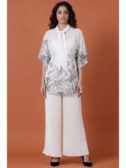 First Resort by Ramola Bachchan - Grey Floral Top And White Pleated Palazzo (Set of 2)