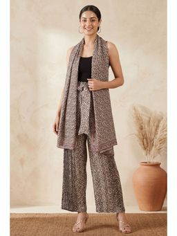 First Resort by Ramola Bachchan - Brown Leopard Print Pleated Palazzo And Stole (Set of 2)