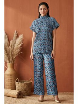 First Resort by Ramola Bachchan - Blue Animal Print Top And Knife Pleated Palazzo (Set of 2)