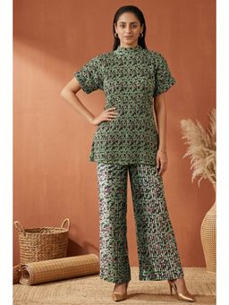 First Resort by Ramola Bachchan - Green Animal Print Top And Knife Pleated Palazzo (Set of 2)