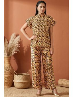 First Resort by Ramola Bachchan - Brown Animal Print Top And Knife Pleated Palazzo (Set of 2)