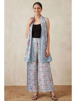 First Resort by Ramola Bachchan - Blue Geometric Pleated Palazzo And Stole (Set of 2)