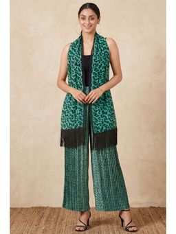 First Resort by Ramola Bachchan - Teal Animal Print Pleated Palazzo And Stole (Set of 2)