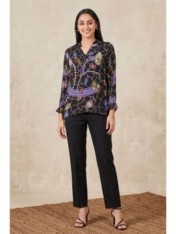 First Resort by Ramola Bachchan - Black Jewel Print Lace-up Top