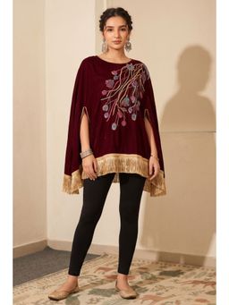 First Resort by Ramola Bachchan - Maroon Floral Sequinned Velvet Poncho With Golden Fringe