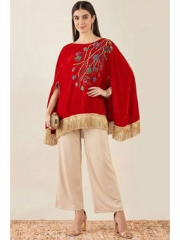 First Resort by Ramola Bachchan - Red Floral Sequinned Velvet Poncho With Golden Fringe
