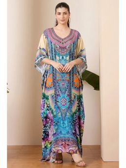 First Resort by Ramola Bachchan - Blue And Pink Abstract Embellished Silk Full Length Kaftan