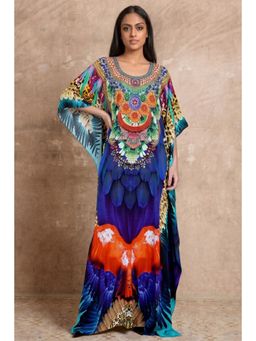 First Resort by Ramola Bachchan - Yellow And Blue Tribal Embellished Silk Full Length Kaftan