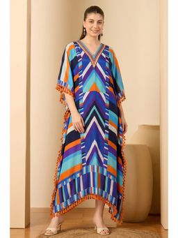 First Resort by Ramola Bachchan - Blue And Orange Striped Mid Length Kaftan