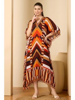 First Resort by Ramola Bachchan - Brown And Orange Striped Mid Length Kaftan
