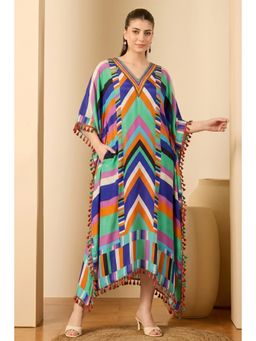 First Resort by Ramola Bachchan - Pink And Blue Striped Mid Length Kaftan
