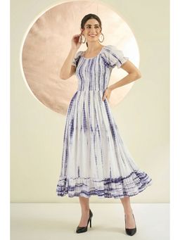 First Resort by Ramola Bachchan - Indigo Tie-dye Smocking Long Dress With Frill